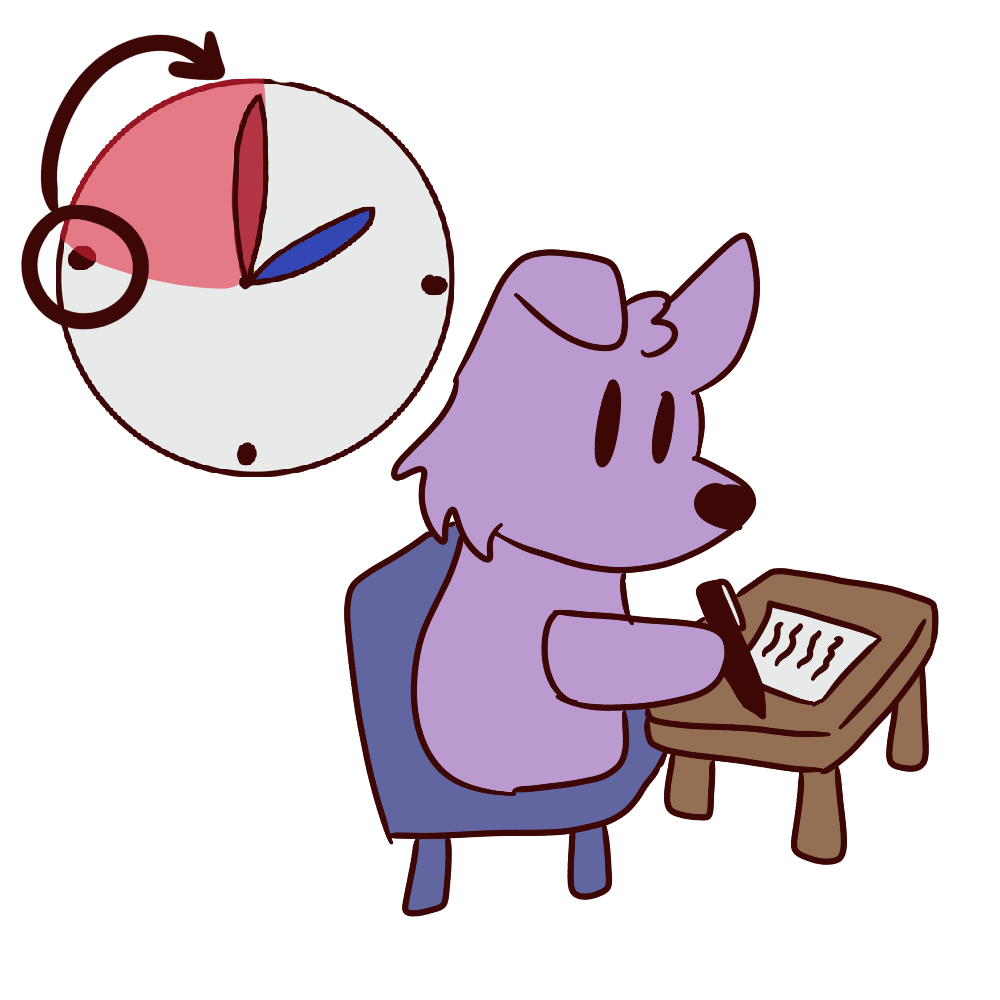 a purple dog sitting at a desk writing on paper. a clock with a red highlighted section is in the corner
